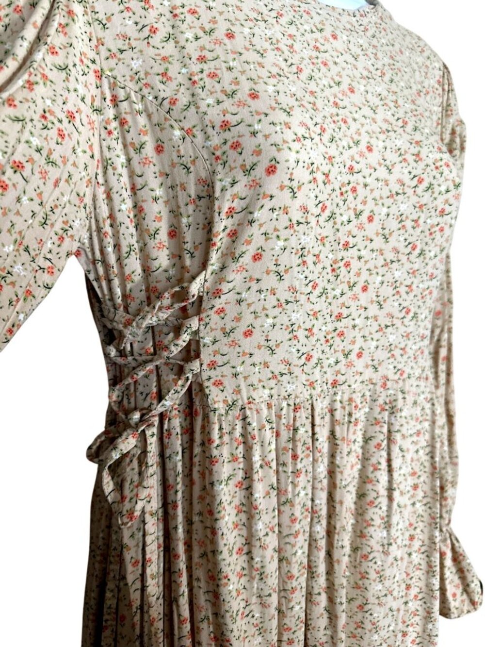 Cottage Ditsy Floral Maxi Dress Large Beige Ruffle Sleeve Side Ties Boho Prairie - Picture 7 of 10